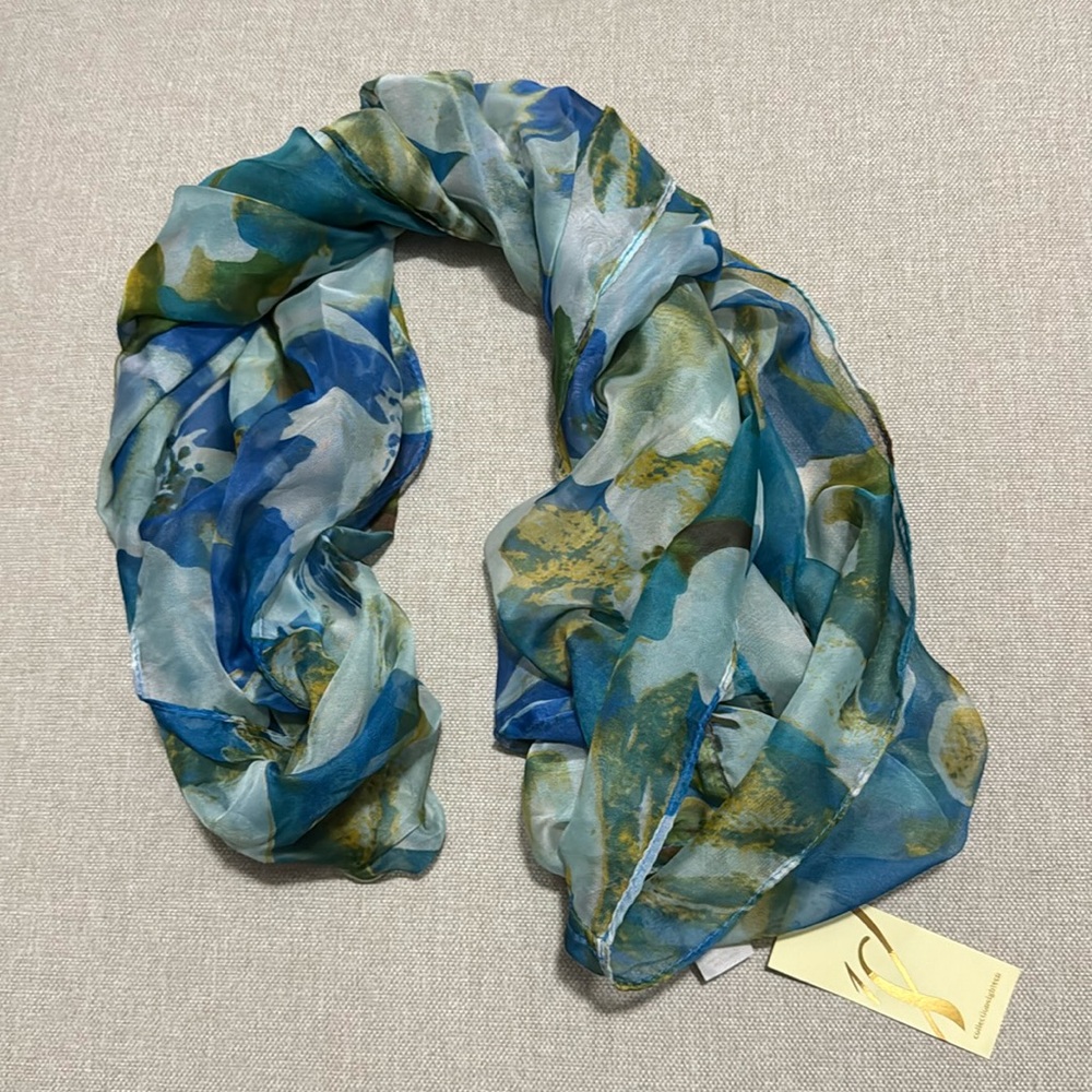 NWT Gorgeous Floral Infinity Scarf-Sheer-Water Color Inspired Print-Greens/Blues